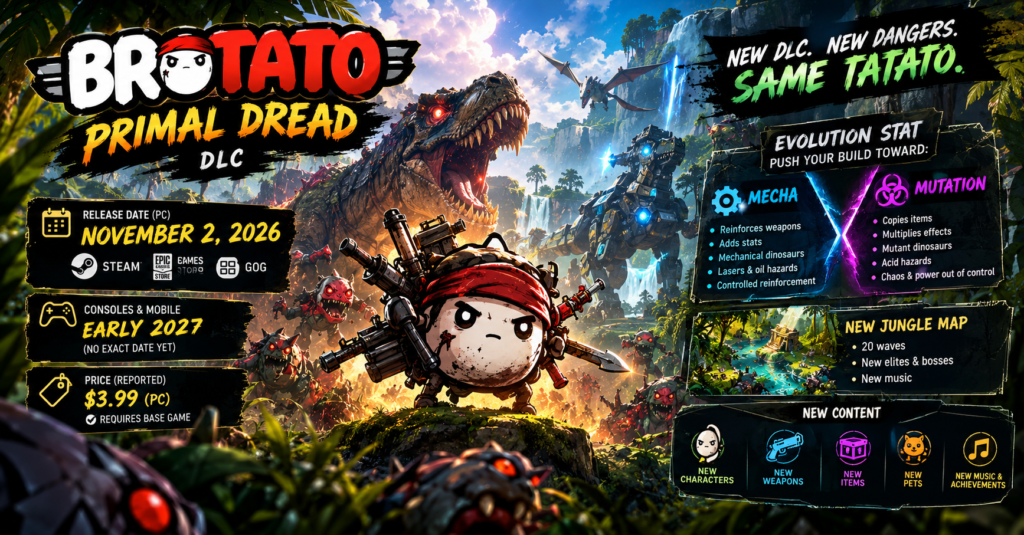 Brotato Primal Dread DLC featuring a dinosaur-filled jungle, new enemies, weapons, and the November 2, 2026 release date for PC.