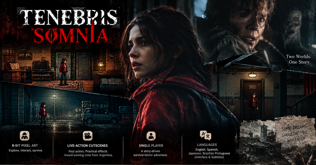 Tenebris Somnia survival horror cover featuring a woman in a red jacket surrounded by dark apartment corridors, eerie live-action characters, and retro 8-bit pixel-art environments. The image highlights the game's blend of classic pixel-art exploration, live-action cutscenes with practical effects, single-player horror gameplay, and multilingual subtitles.