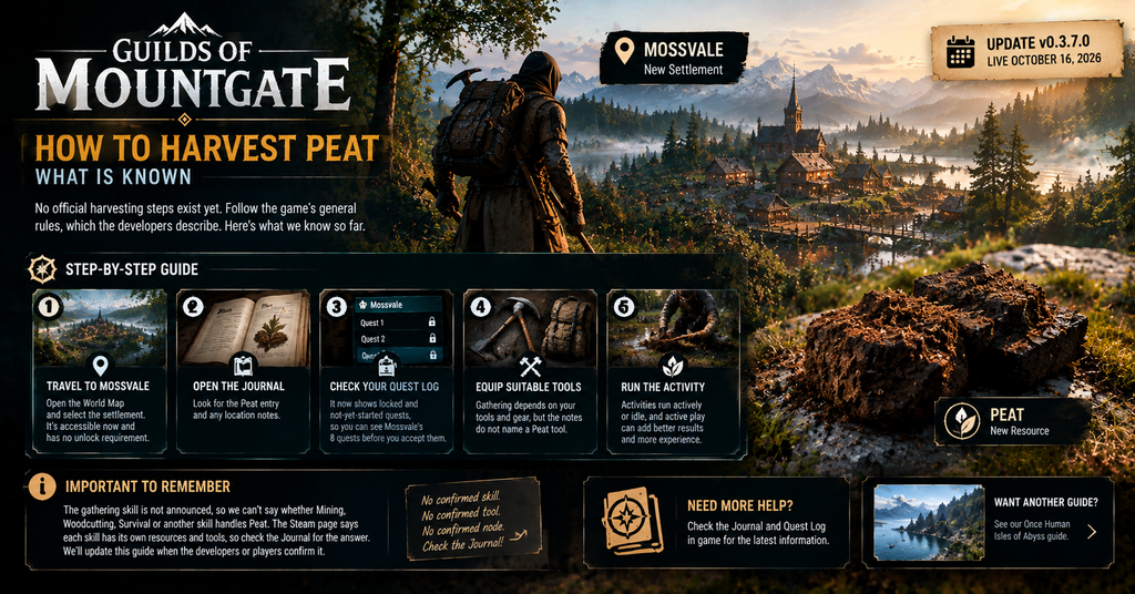 Guilds of Mountgate Peat harvesting guide featuring an adventurer overlooking Mossvale, with five steps for finding Peat, checking the Journal and Quest Log, and preparing suitable tools.
