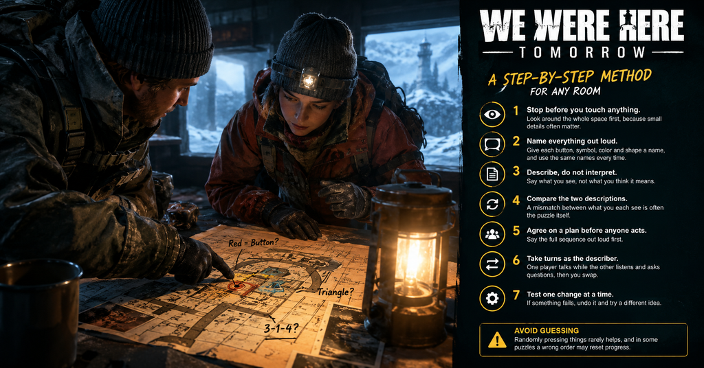 We Were Here Tomorrow co-op puzzle guide showing two players examining a map in a snowy cabin, with seven tips for solving rooms through clear communication, describing clues, comparing observations, planning actions, and avoiding random guesses.