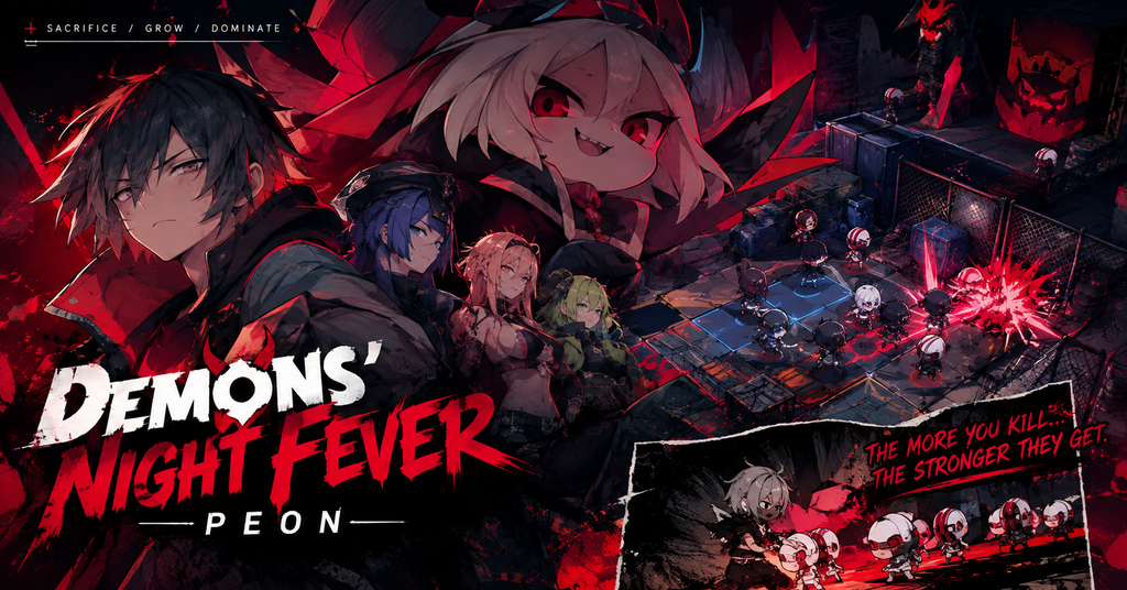 A dramatic, red-and-purple fantasy RPG graphic for Demons' Night Fever, featuring a dark-haired hero surrounded by sinister minions beneath a blood-red moon. The guide highlights the Peon Exploitation System, explaining how sacrificed Peons return stronger, how Perverse Points strengthen your army, and how Kill Skills, Abductions and Pillaging fit into the game's timed chapters. It also displays the October 22, 2026 release date, supported platforms, Steam price and single-player status.