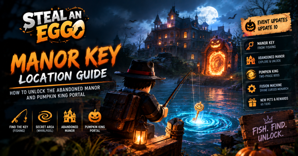 Steal an Egg Halloween update banner featuring a glowing Manor Key, a spooky abandoned manor, a giant Pumpkin King, and a dark Halloween landscape in Roblox.