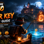 Steal an Egg Halloween update banner featuring a glowing Manor Key, a spooky abandoned manor, a giant Pumpkin King, and a dark Halloween landscape in Roblox.