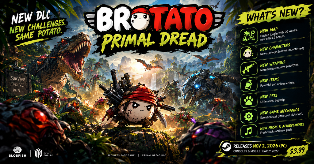 Primal Dread DLC promotional poster featuring a potato warrior battling dinosaurs in a prehistoric jungle, showcasing new maps, characters, weapons, items, pets, game mechanics, and the November 2, 2026 PC release date.