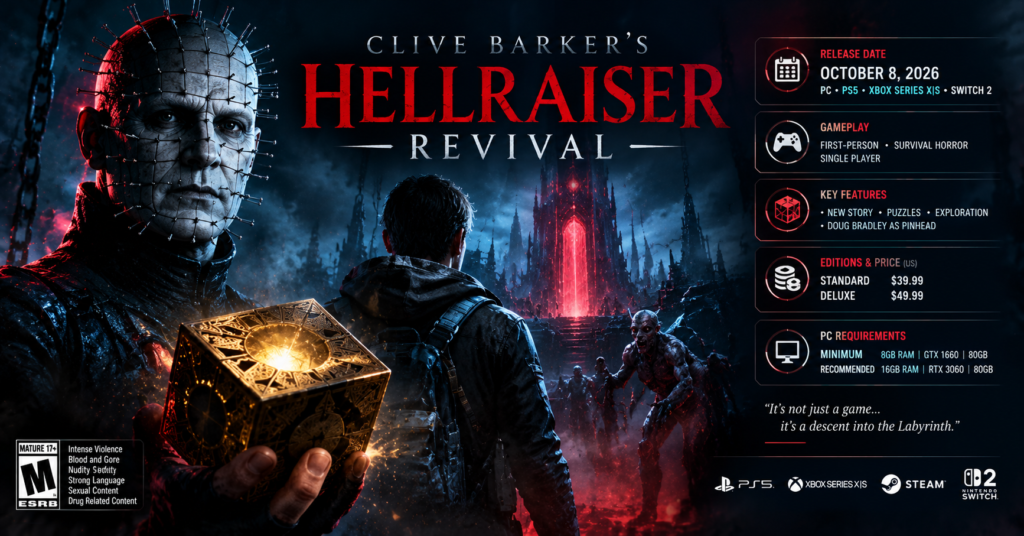Clive Barker’s Hellraiser: Revival featuring Pinhead, the Genesis Configuration puzzle box and a dark horror landscape.