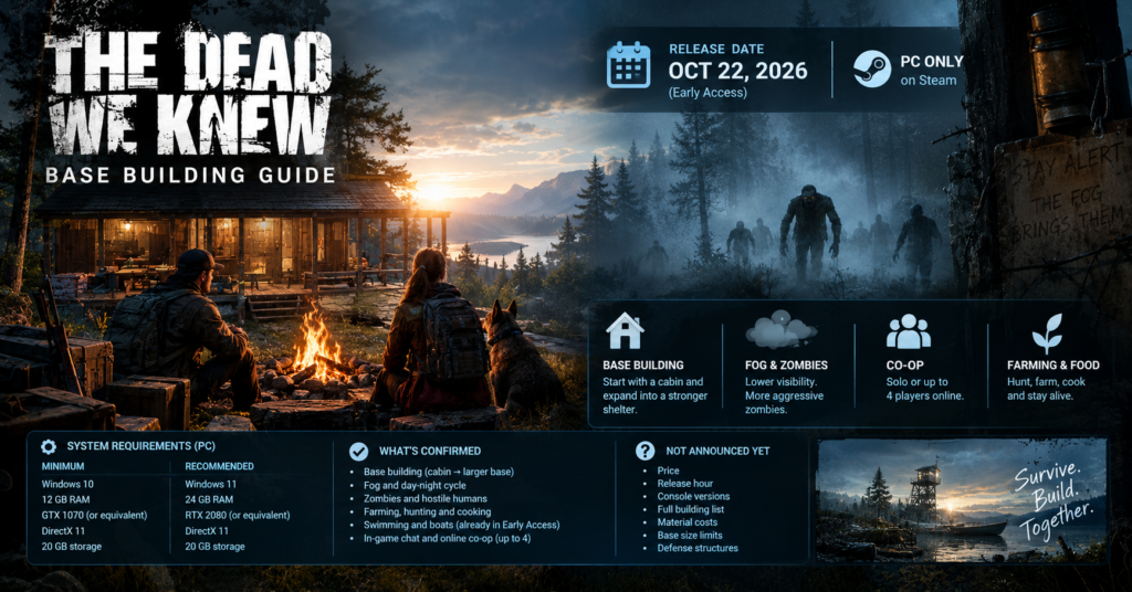 The Dead We Knew survival game featuring a lone survivor standing outside a wooden cabin in a fog-covered forest, with approaching zombies, dark atmospheric lighting, and a post-apocalyptic landscape.