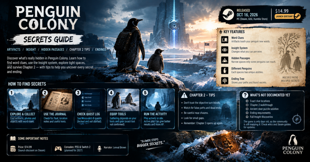 Penguin Colony Secrets Guide featuring penguins exploring a mysterious Antarctic landscape, with tips on artifacts, the Insight system, hidden passages, Chapter 2 challenges, and secret endings.