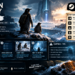 Penguin Colony Secrets Guide featuring penguins exploring a mysterious Antarctic landscape, with tips on artifacts, the Insight system, hidden passages, Chapter 2 challenges, and secret endings.
