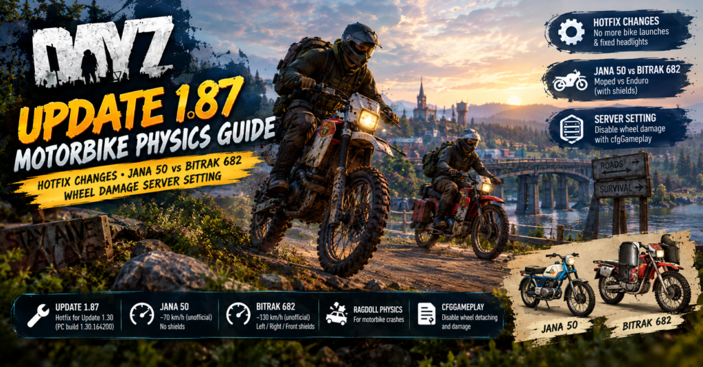 DayZ Update 1.87 motorbike physics guide featuring the Jana 50 moped, Bitrak 682 enduro, hotfix changes and server wheel damage settings.
