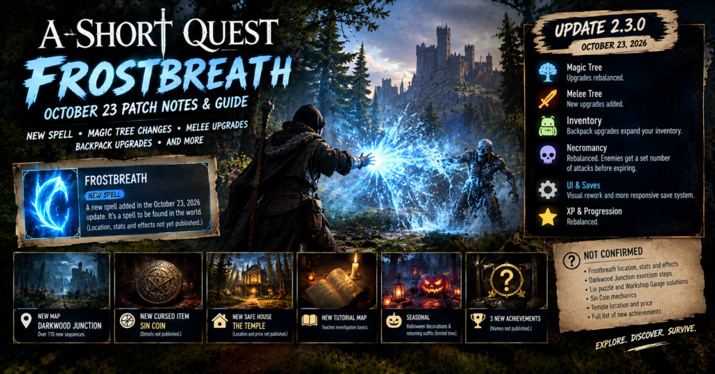 A Short Quest Frostbreath update guide showing a hooded adventurer casting icy magic at an undead enemy, with October 23 patch notes and new gameplay changes.