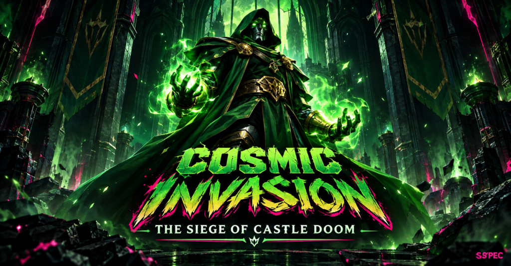 Dark fantasy gaming poster featuring a hooded villain wielding glowing green magic in a ruined castle, with Cosmic Invasion: The Siege of Castle Doom branding and SPEC logo.