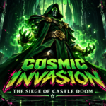 Dark fantasy gaming poster featuring a hooded villain wielding glowing green magic in a ruined castle, with Cosmic Invasion: The Siege of Castle Doom branding and SPEC logo.