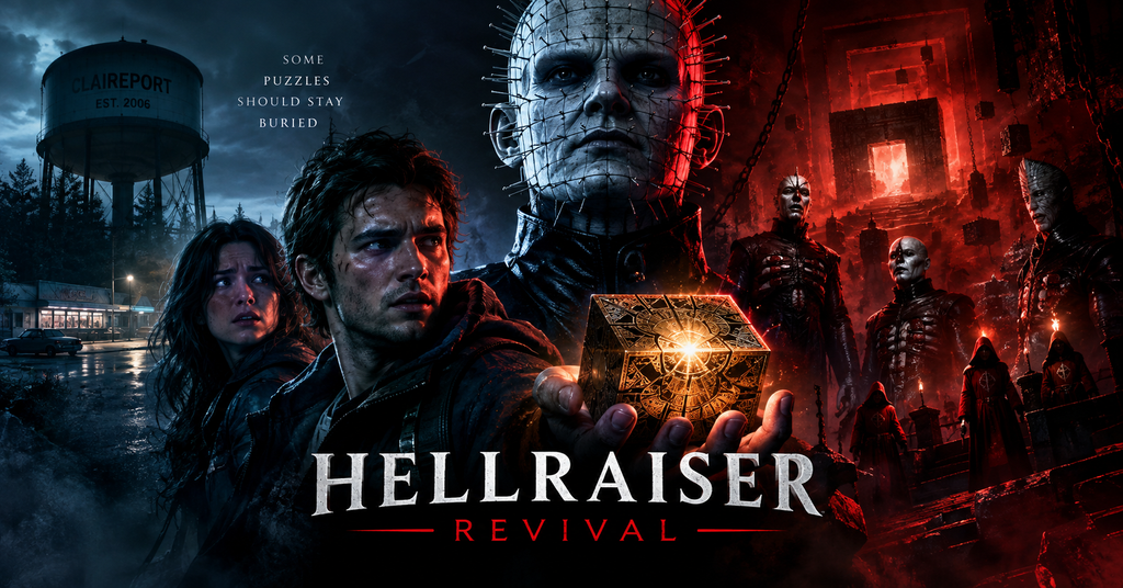 Hellraiser Revival horror game poster featuring Pinhead looming over Aidan and Sunny, a glowing Genesis Configuration puzzle box, sinister Cenobites, hooded cultists, and a dark labyrinth. The scene contrasts the cold blue streets of Claireport with a fiery red supernatural dimension.