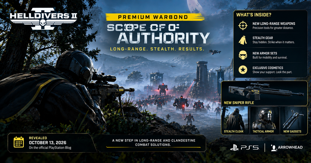 Helldivers 2 Scope of Authority Premium Warbond artwork featuring a stealthy sniper targeting marching Automatons, highlighting long-range combat, tactical armor, stealth gear, and new weapons.