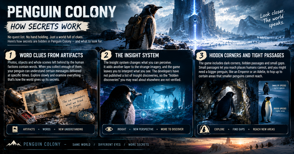 Penguin Colony secrets guide showing a penguin exploring Antarctic ruins, with illustrated panels explaining artifact word clues, the Insight perception system, and hidden passages accessible to different penguin species.