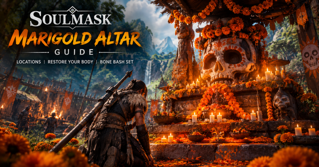 Soulmask Marigold Altar surrounded by glowing orange marigolds, candles and skull decorations in a jungle Barbarian camp, with a warrior kneeling before the shrine.