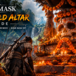 Soulmask Marigold Altar surrounded by glowing orange marigolds, candles and skull decorations in a jungle Barbarian camp, with a warrior kneeling before the shrine.