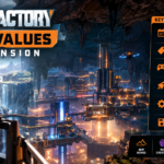 Core Values expansion artwork featuring an engineer overlooking a massive underground factory, with release information, PC specs, platforms, and new features.