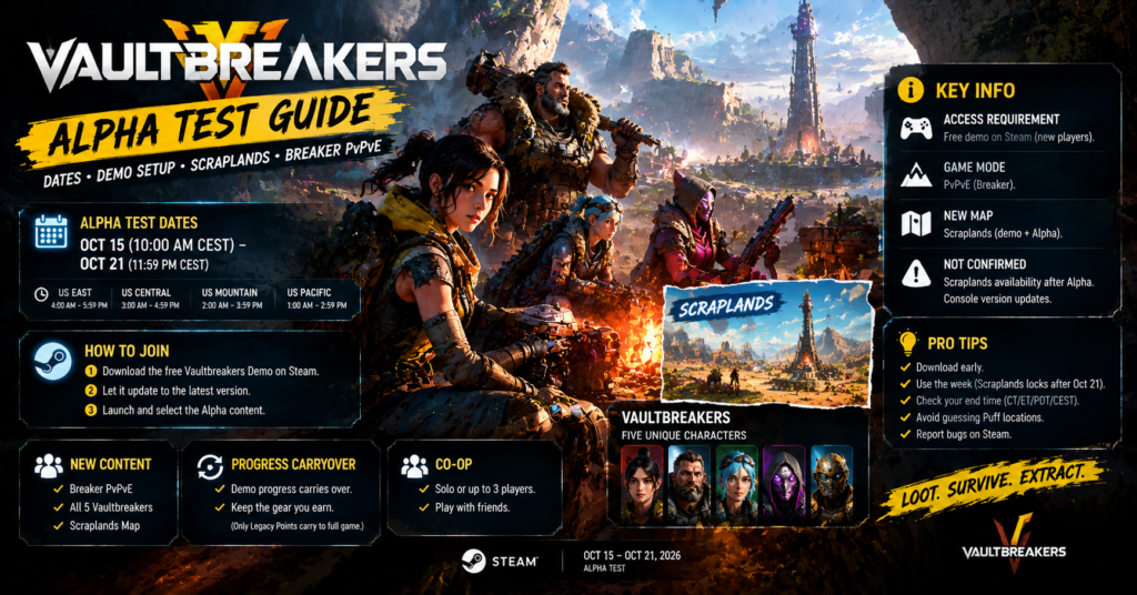 Vaultbreakers Alpha Test guide infographic featuring fantasy heroes, Steam demo setup instructions, October 15–21, 2026 test dates, Scraplands map, Breaker PvPvE mode, co-op gameplay, character portraits, and key participation details.