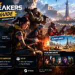 Vaultbreakers Alpha Test guide infographic featuring fantasy heroes, Steam demo setup instructions, October 15–21, 2026 test dates, Scraplands map, Breaker PvPvE mode, co-op gameplay, character portraits, and key participation details.