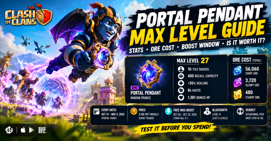 Clash of Clans Portal Pendant max level guide showing the Minion Prince, a glowing purple portal, and equipment stats.