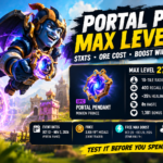 Clash of Clans Portal Pendant max level guide showing the Minion Prince, a glowing purple portal, and equipment stats.