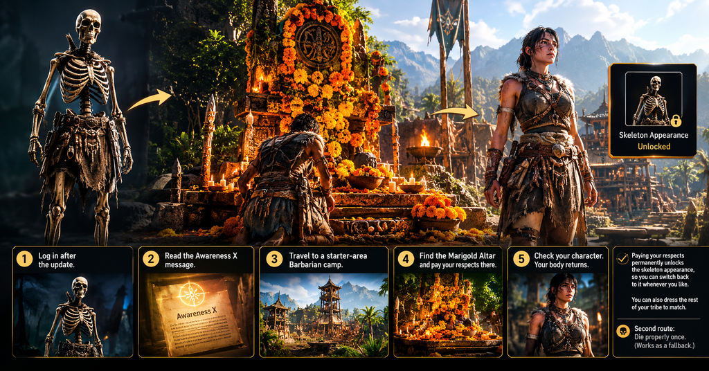 A realistic Soulmask Marigold Altar scene showing a skeletal survivor transforming back into a human warrior after paying respects at an orange marigold-covered shrine in a tribal jungle camp, with five illustrated steps explaining how to restore the body and permanently unlock the skeleton appearance.