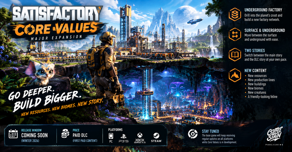 Satisfactory Core Values expansion artwork featuring a pioneer overlooking a massive underground factory, new resources, production lines, biomes and a friendly-looking feline.