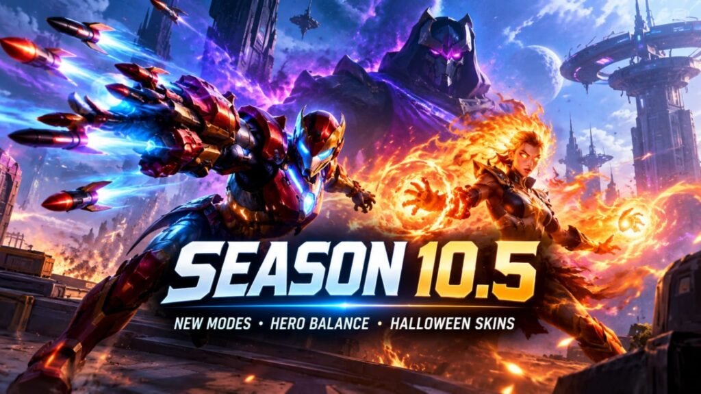 Marvel Rivals Season 10.5 promotional artwork featuring an armored hero firing smart missiles, a fiery energy-wielding heroine, and a dark cosmic villain against a futuristic battlefield.