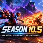 Marvel Rivals Season 10.5 promotional artwork featuring an armored hero firing smart missiles, a fiery energy-wielding heroine, and a dark cosmic villain against a futuristic battlefield.