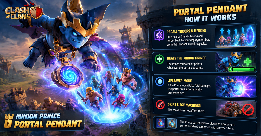 Clash of Clans Minion Prince using the Portal Pendant to recall friendly troops and heroes through a glowing portal on the battlefield.