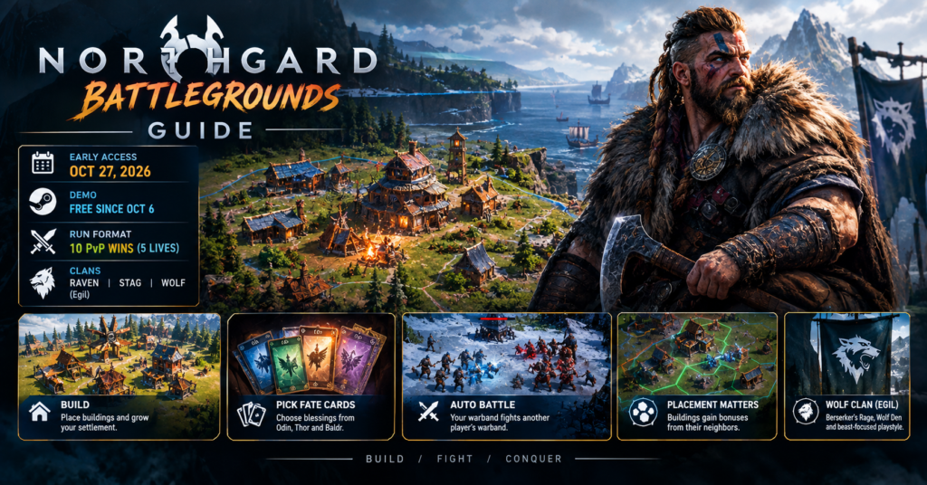 Northgard Battlegrounds guide featuring a Viking warrior, snowy Norse settlement, Early Access release date, 10-win PvP runs, Fate cards, building placement, and Wolf Clan led by Egil.