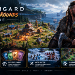 Northgard Battlegrounds guide featuring a Viking warrior, snowy Norse settlement, Early Access release date, 10-win PvP runs, Fate cards, building placement, and Wolf Clan led by Egil.