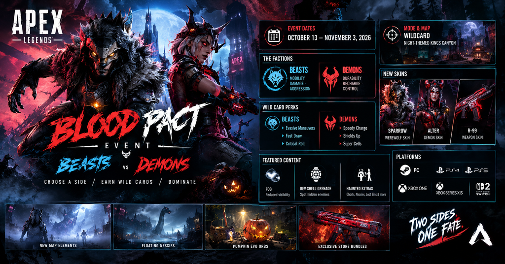 Apex Legends Blood Pact runs Oct 13 to Nov 3. See the Beasts vs Demons Wild Cards, Alter and Sparrow skins, bundles, and what to know before you play.