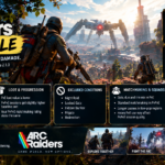 ARC Raiders PvE Toggle promotional artwork featuring raiders facing a giant ARC machine, with beta test dates, PvE rules, matchmaking changes, loot adjustments, and Update 2.1.0 patch notes.