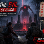 Amidst The Evil Side Quest guide featuring survivors facing a terrifying Entity at a glowing ritual circle, highlighting Ending 3 and three hidden achievements.